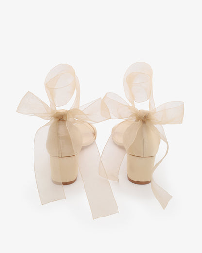 Satin Girls Block Heel Sandal with Wrapped Ribbon Tie