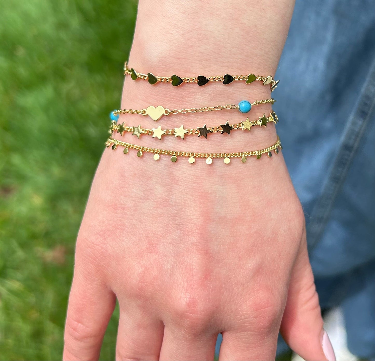 14K Gold Plated Stars On Link  Bracelet
