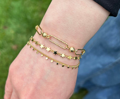 14K Gold Plated Stars On Link  Bracelet