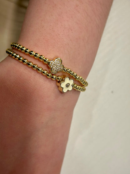 LMTS Classic! 14K Gold Plated Bead & Cz Clover Wire Bracelet