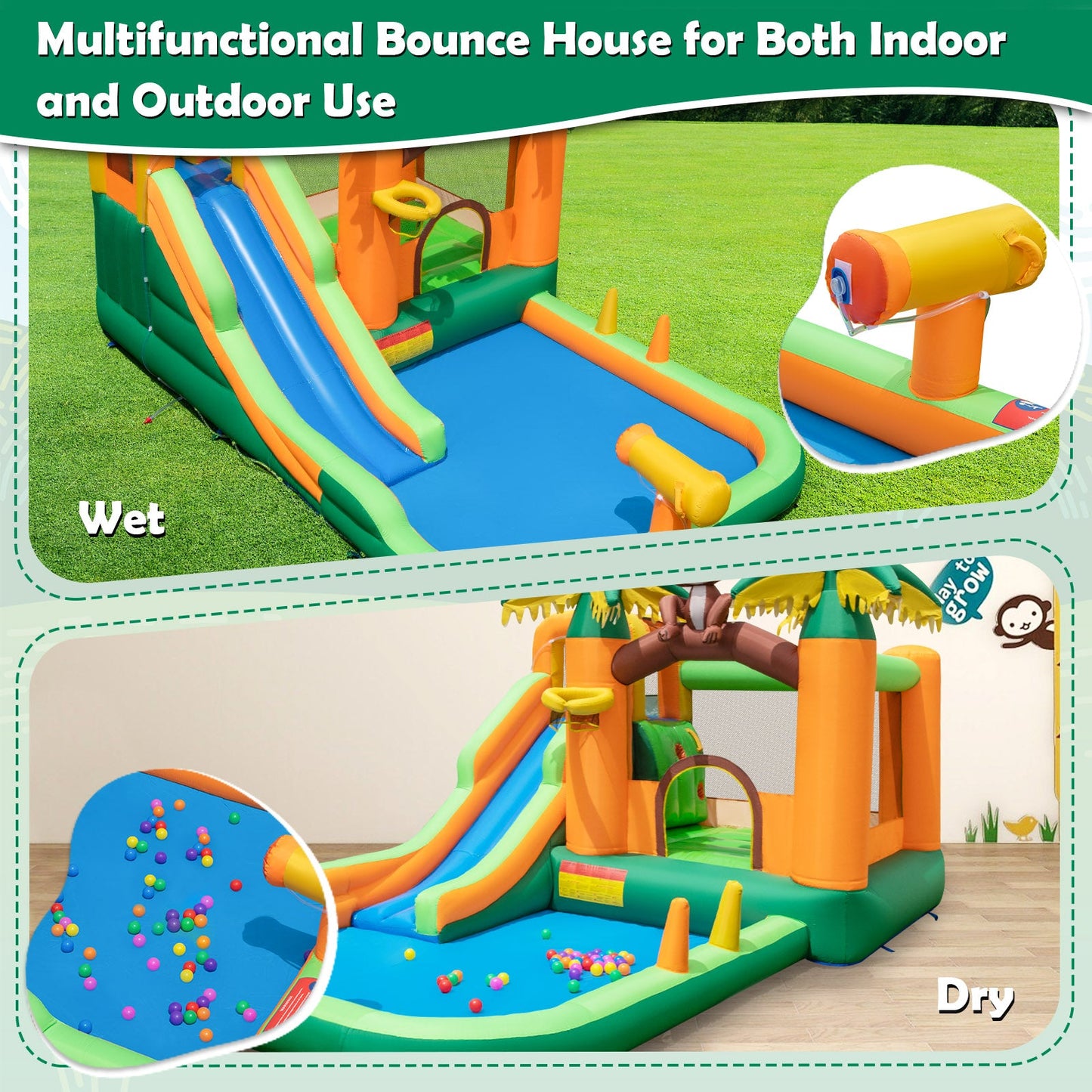 Monkey-Themed Inflatable Bounce House with Slide without Blower