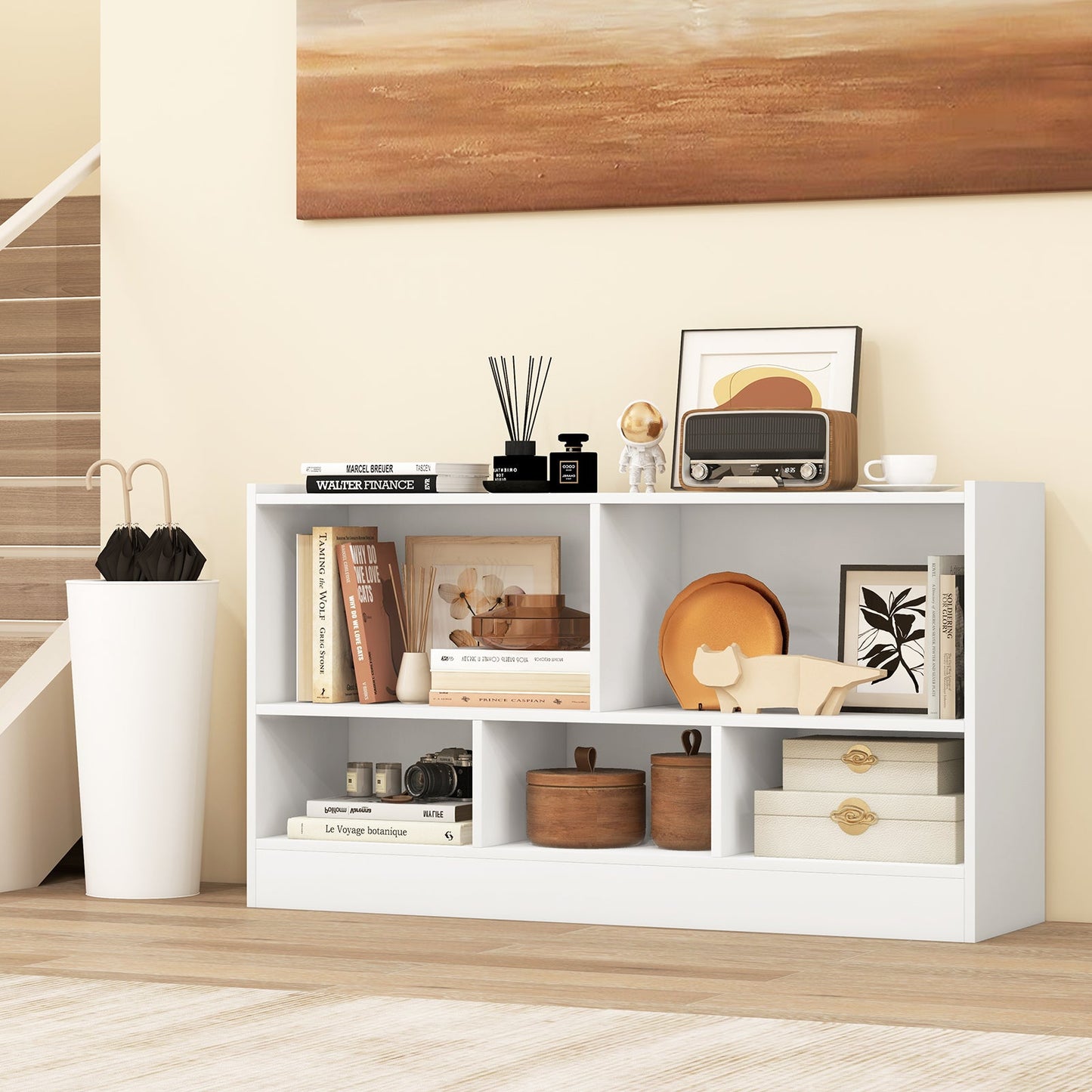 Kids 2-Shelf Bookcase 5-Cube Wood Toy Storage Cabinet Organizer-White