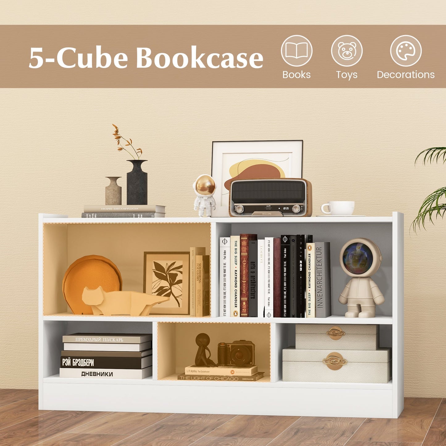 Kids 2-Shelf Bookcase 5-Cube Wood Toy Storage Cabinet Organizer-White