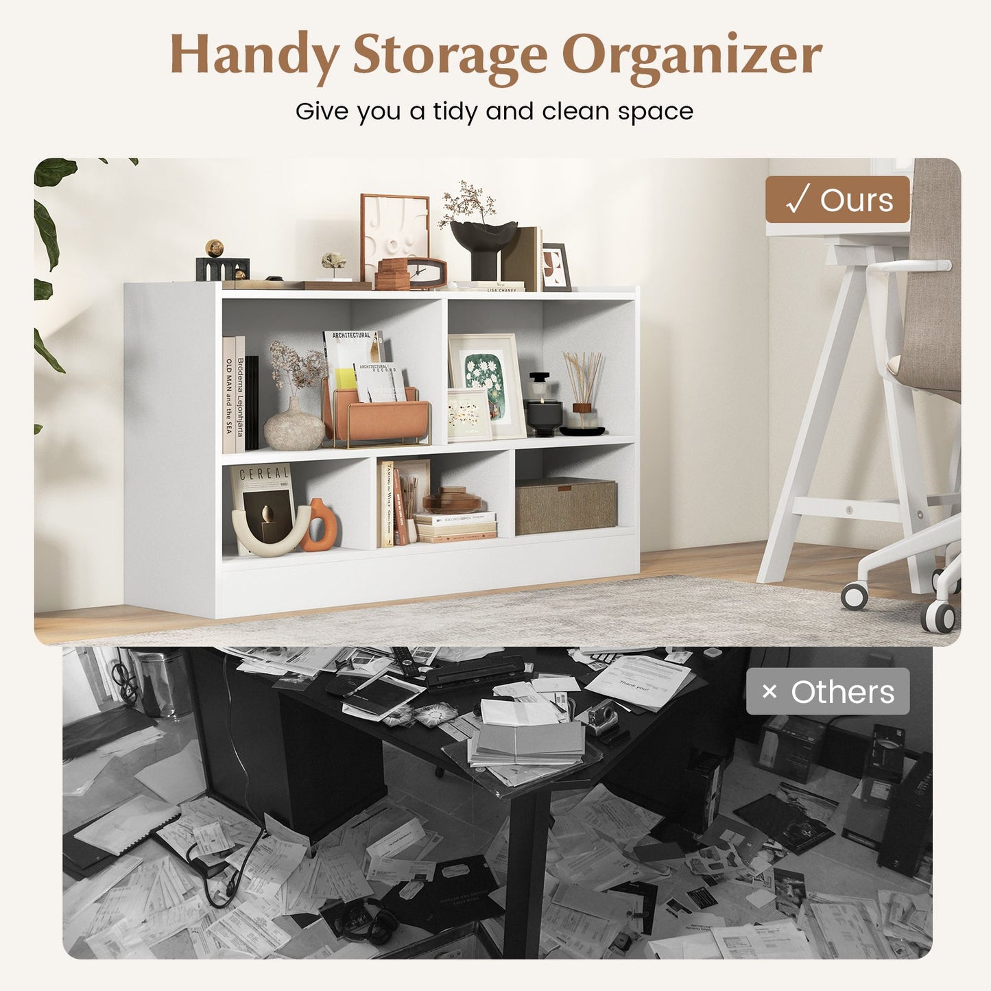 Kids 2-Shelf Bookcase 5-Cube Wood Toy Storage Cabinet Organizer-White
