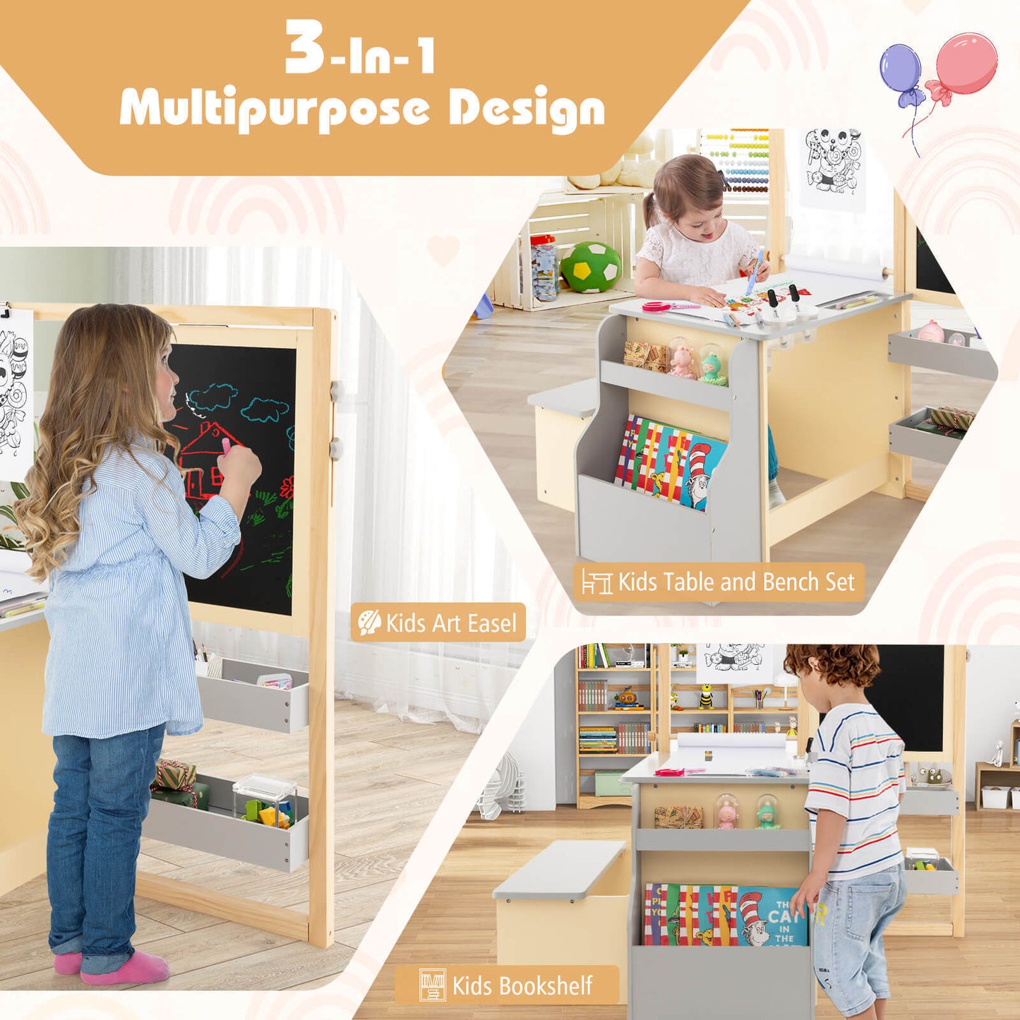 Kids Art Center Wooden Table Bench Set-Gray