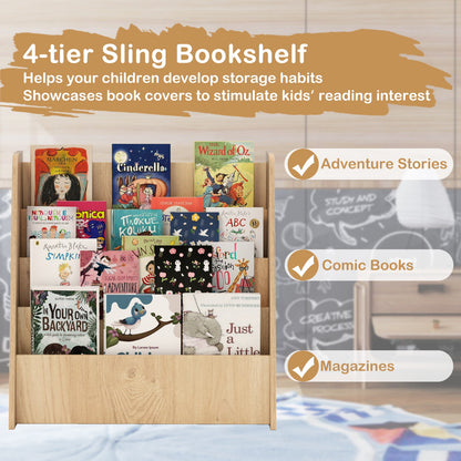 4-Tier Kids Bookshelf with Deep Compartments for Bedroom-Natural