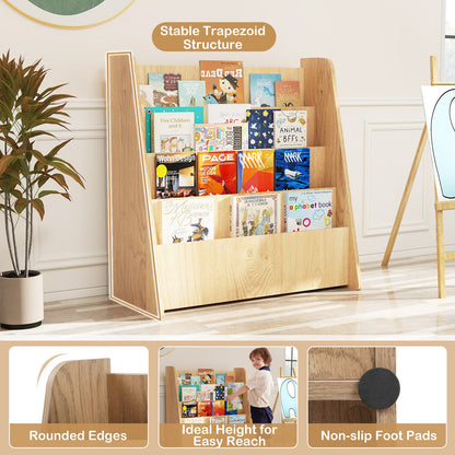4-Tier Kids Bookshelf with Deep Compartments for Bedroom-Natural