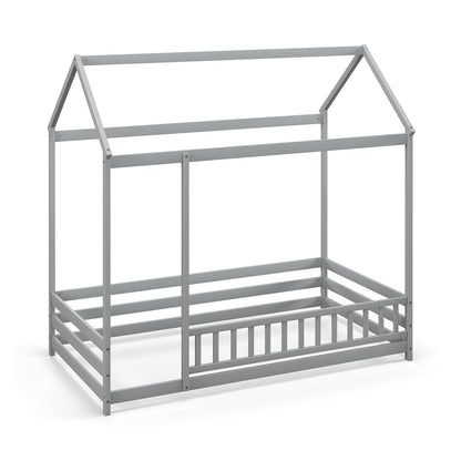 Twin Size Kids House Bed Wooden Floor Bed with Roof and Full-length Safety Guardrail-Gray