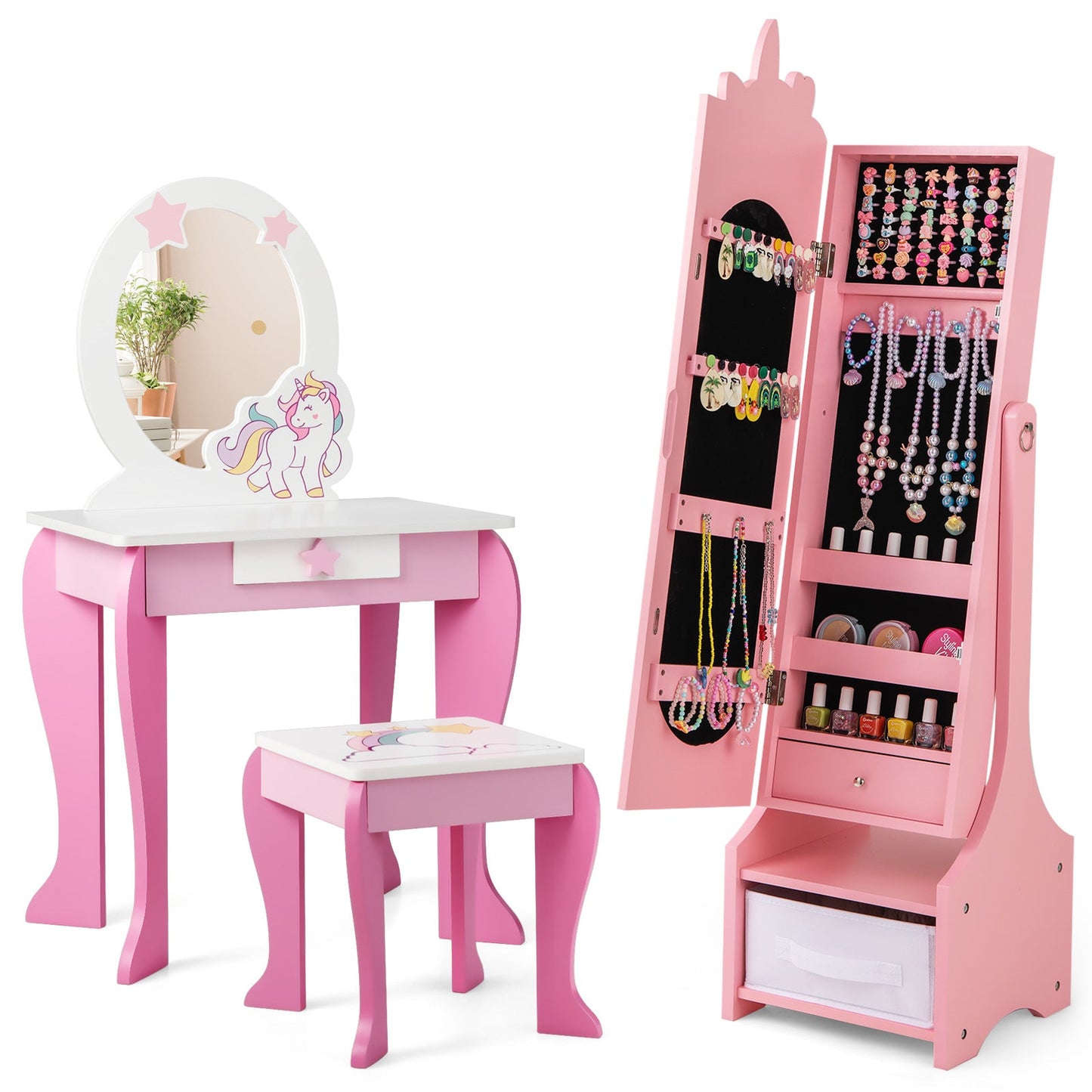 Kids Jewelry Armoire Cabinet with Storage and 2 Tilt Angles-Pink