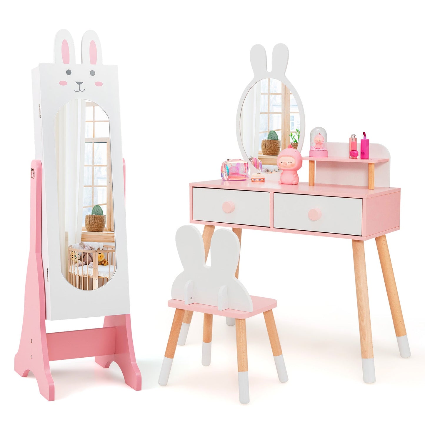 Kids Jewelry Armoire Cabinet with 2 Tilt Angles and Large Capacity-White