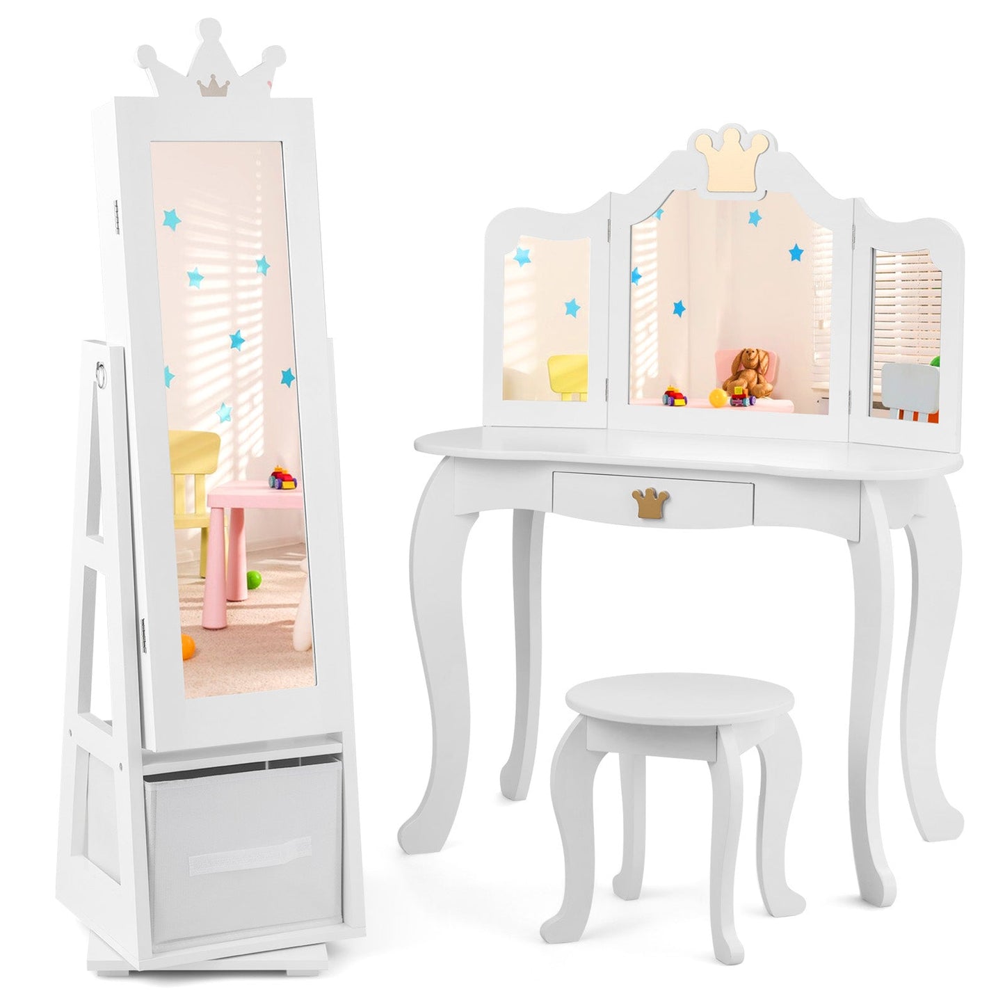 Kids Jewelry Armoire Cabinet with Large Storage Capacity and Swivel Base-White
