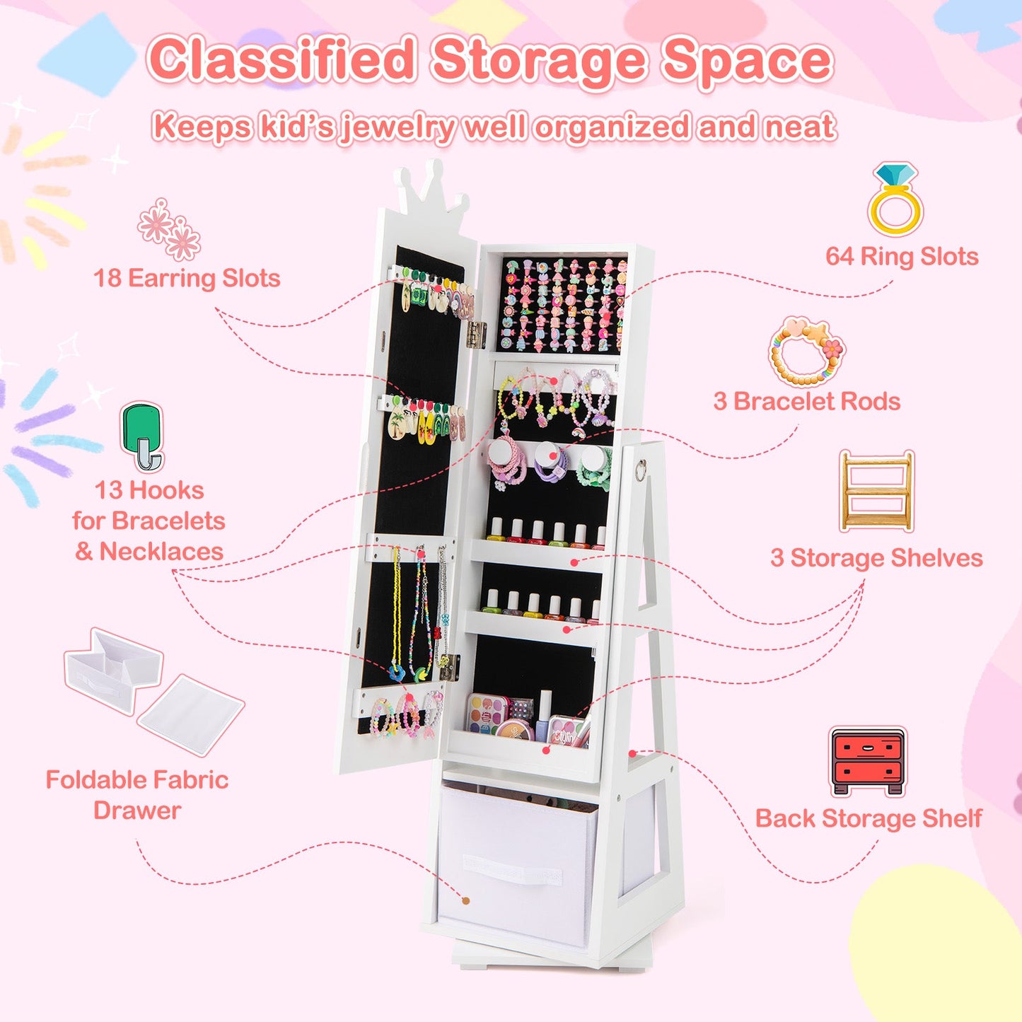 Kids Jewelry Armoire Cabinet with Large Storage Capacity and Swivel Base-White
