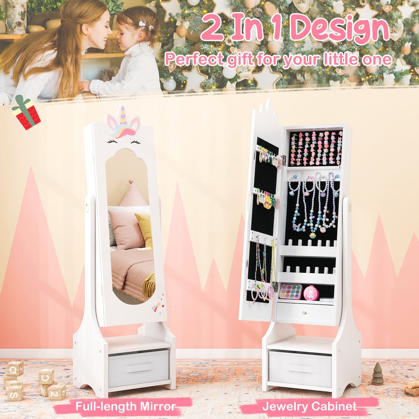 Kids Jewelry Cabinet with Full-Length Mirror for Kids Bedroom and Playroom-White