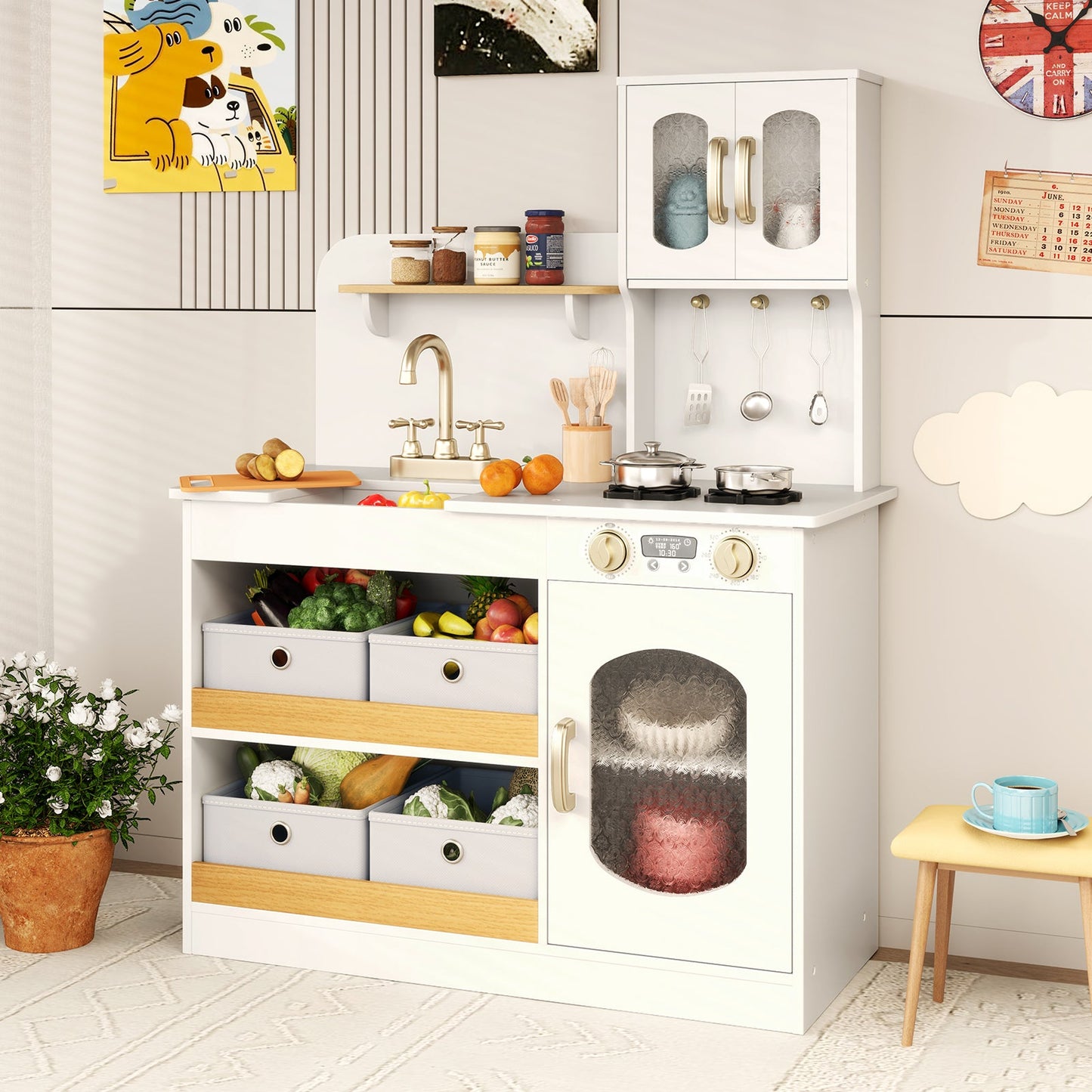 Kids Kitchen Playset with Cooking Accessories and Toy Cuttable Veggies-White
