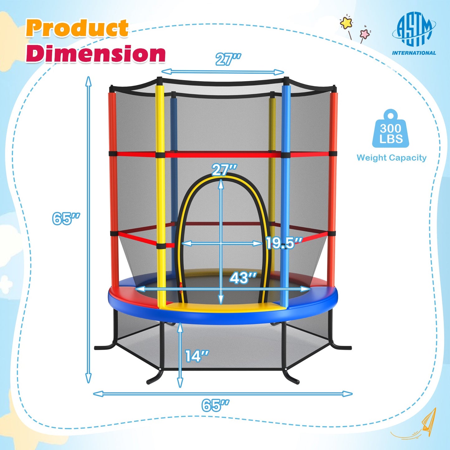 55 Inch Kids Recreational Trampoline Bouncing Jumping Mat with Enclosure Net-Yellow