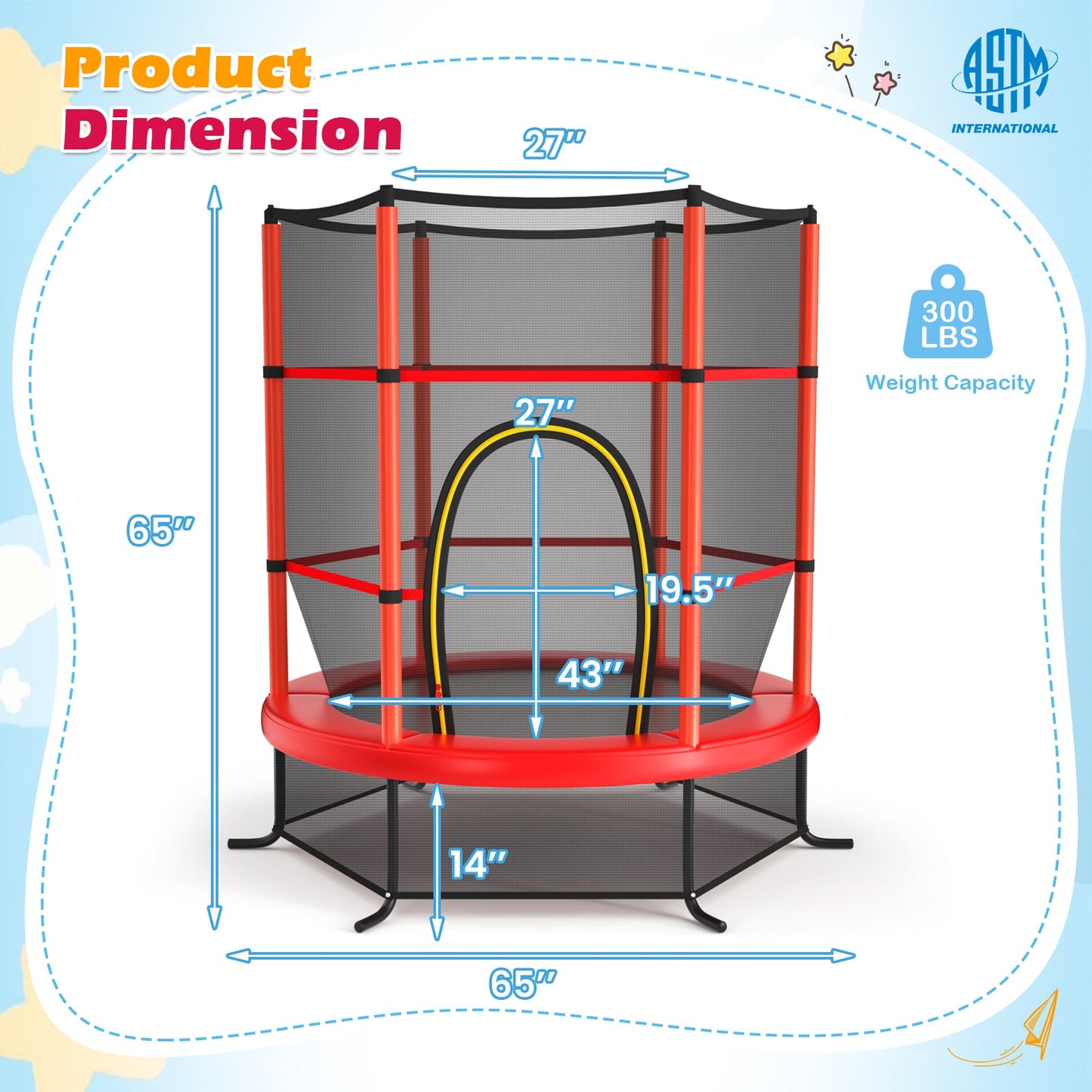 55 Inch Kids Recreational Trampoline Bouncing Jumping Mat with Enclosure Net-Red
