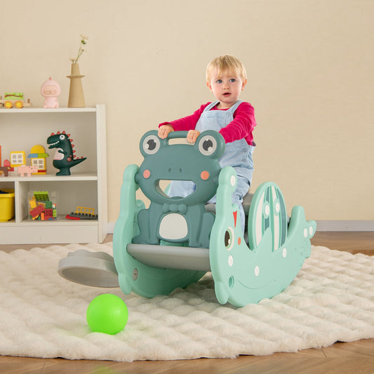 3-in-1 Kids Slide Rocking Horse Set Convertible Toddler Slide with Basketball Hoop-Green