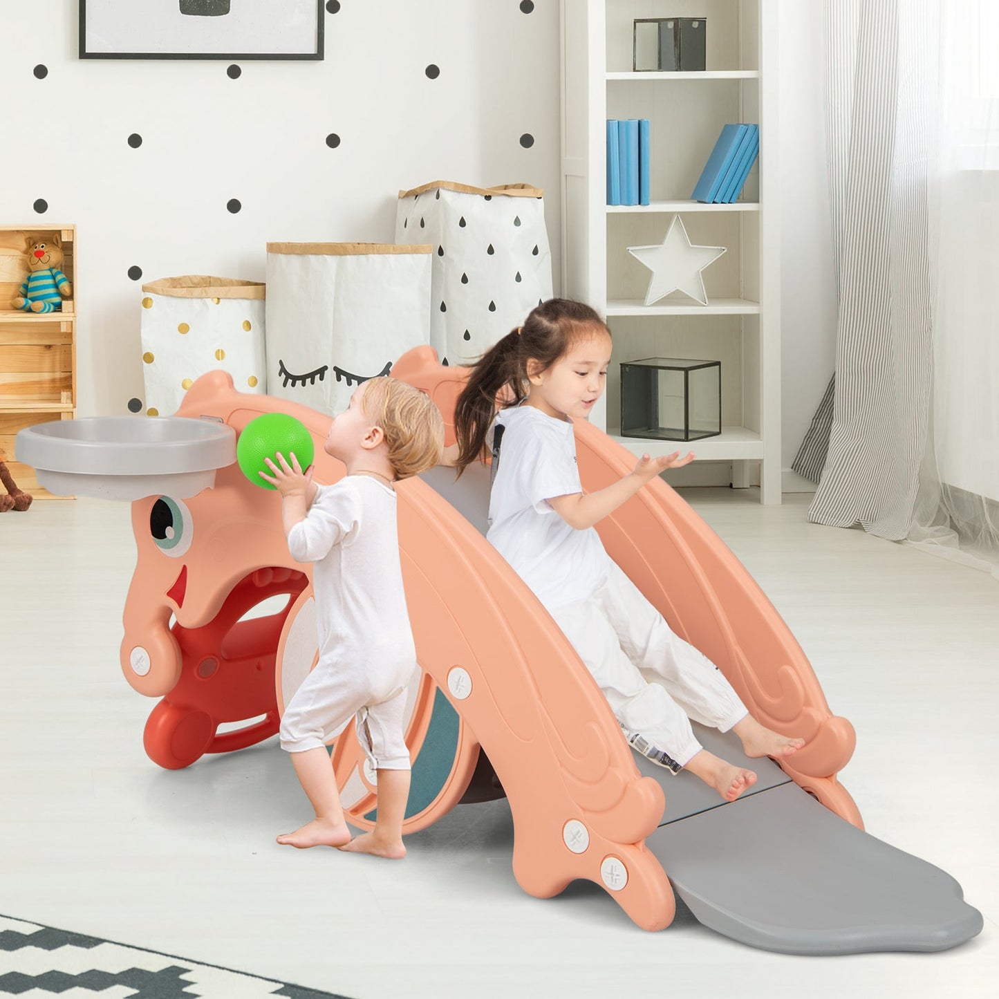 3-in-1 Kids Slide Rocking Horse Set Convertible Toddler Slide with Basketball Hoop-Pink