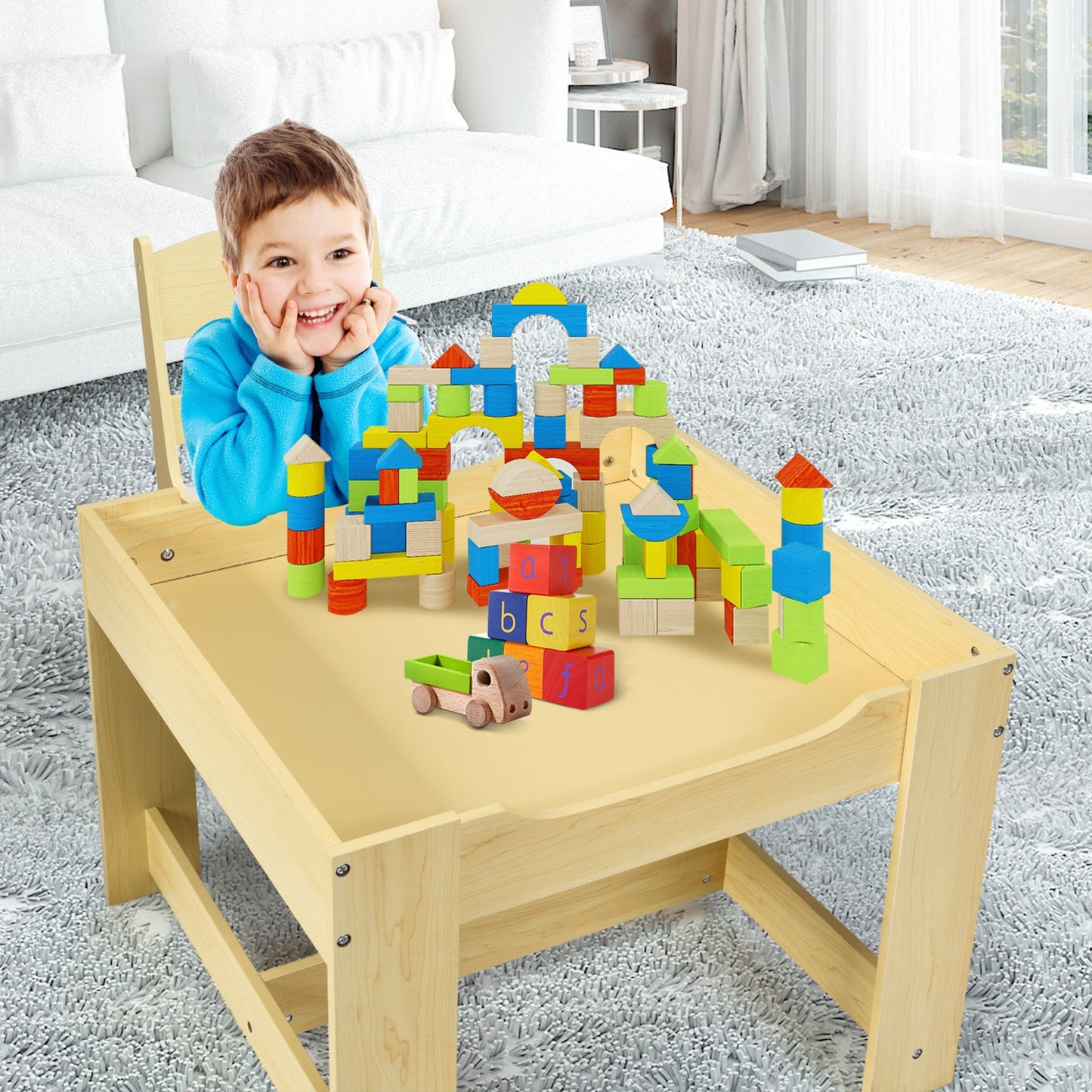 Kids Table Chairs Set With Storage Boxes Blackboard Whiteboard Drawing-Natural