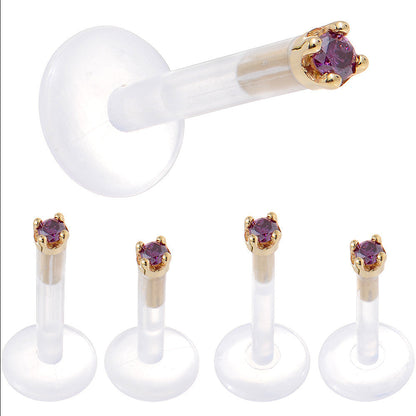 Solid 14K Yellow Gold 1.5mm Genuine Purple Diamond Bioplast Push in Labret
