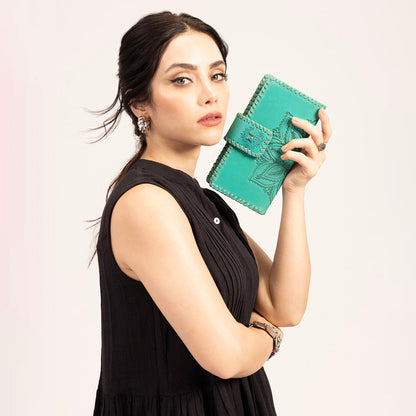 Loyal West Desert Lotus Wallet  - Turquoise  Handtooled Leather & Calfskin