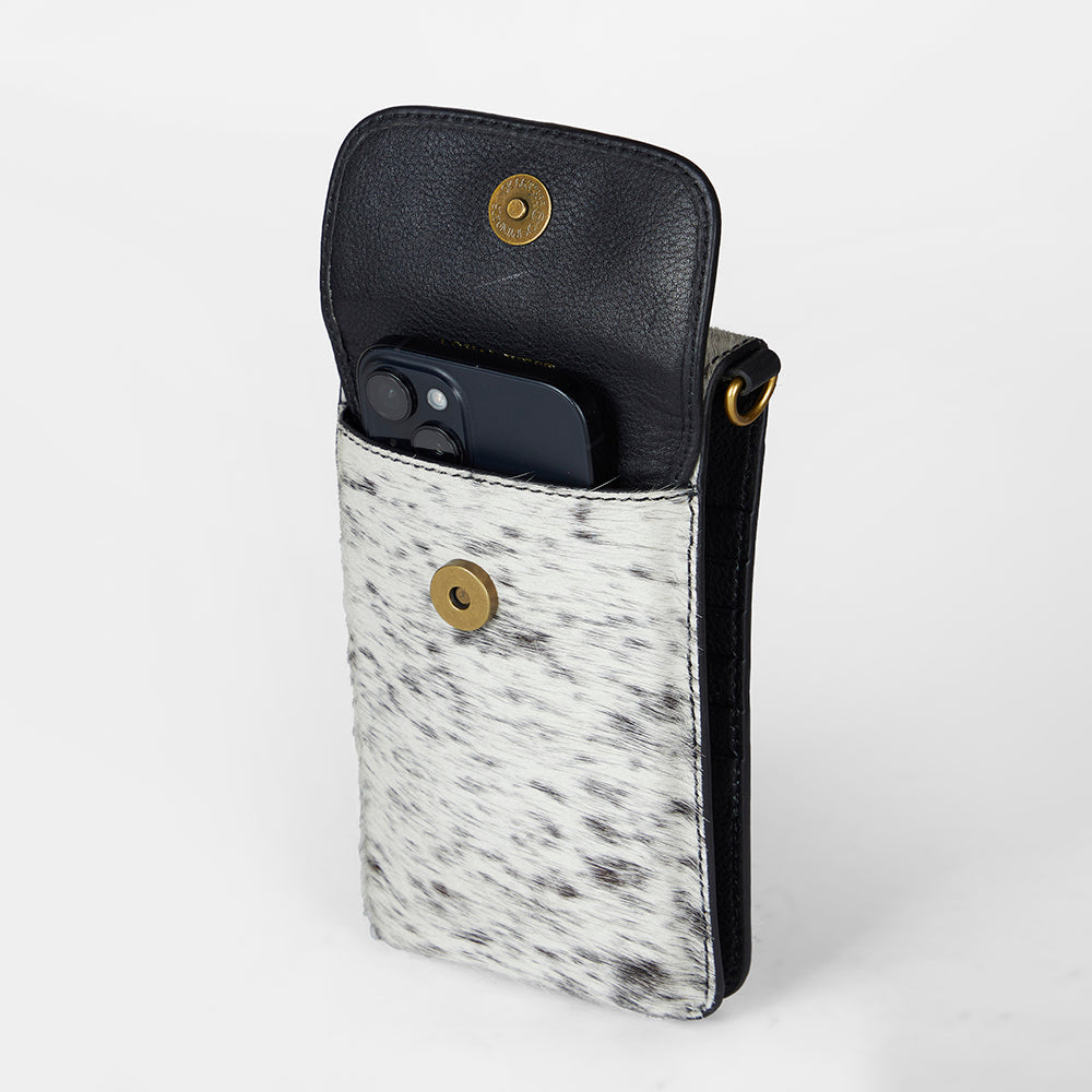 Loyal West SHELL PHONE BAG IN BLACK AND WHITE COWHIDE