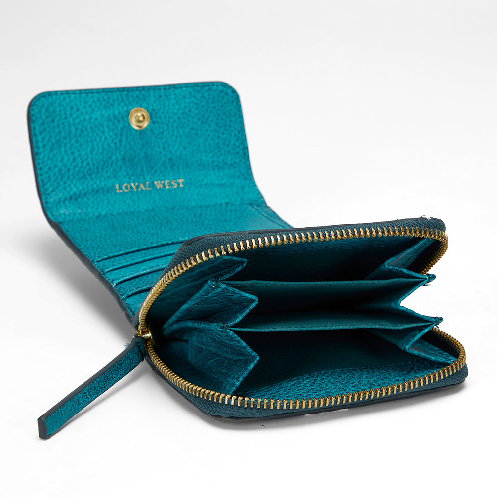 Loyal West SOPHIA CARD HOLDER IN HAND FINISHED EMBOSSED LEATHER -  TURQUOISE