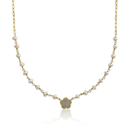 Micro Pave Flower Pearl Necklace