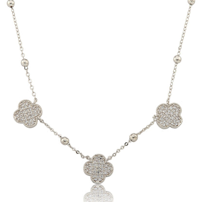 14K Gold Plated 3 Pave CZ Clover Pendants On Bead Necklace