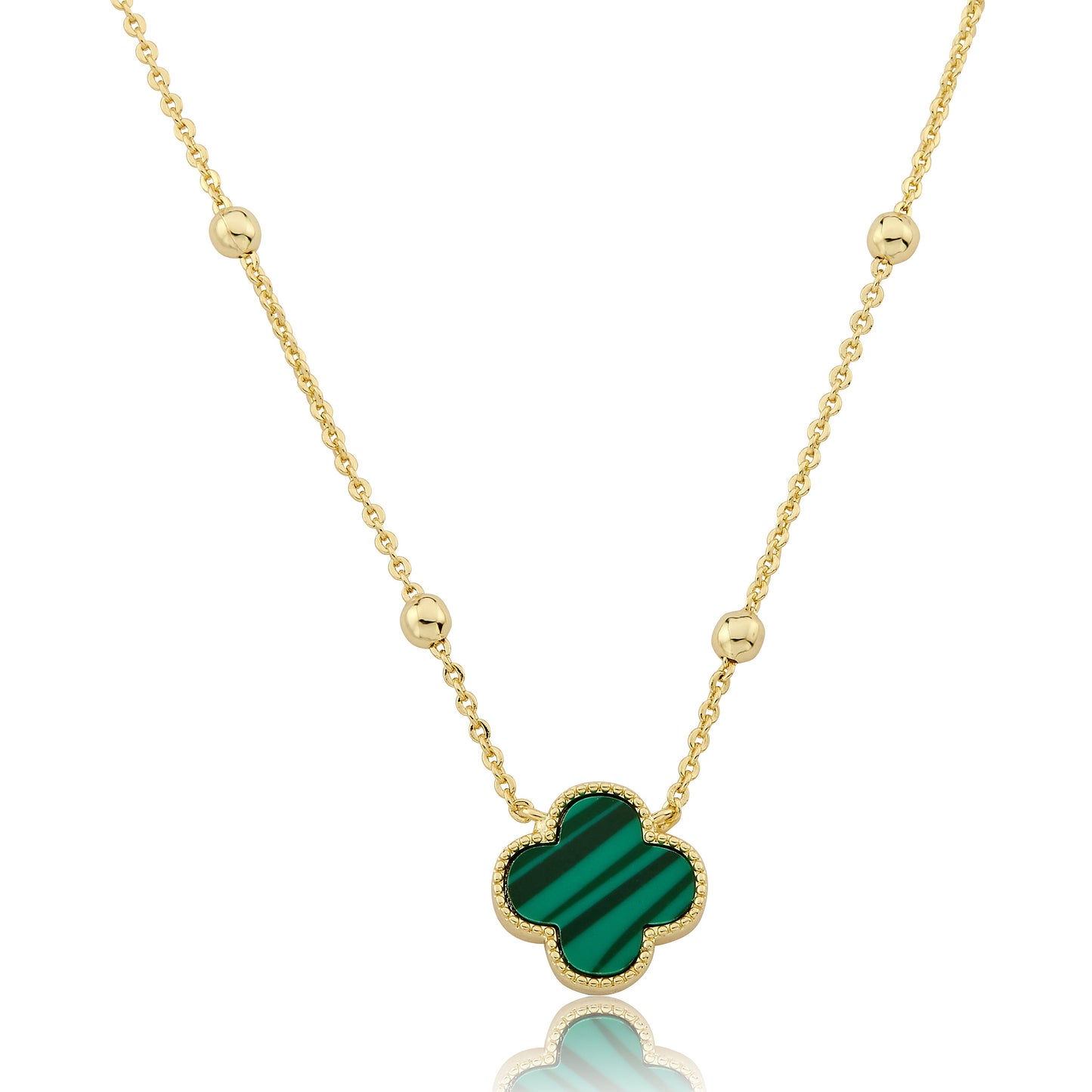 14K Gold Plated Clover Pendant On Bead Station Necklace