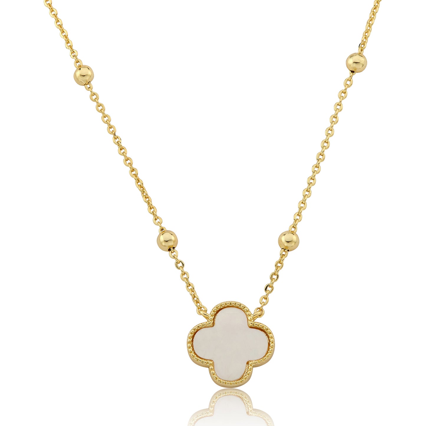 14K Gold Plated Clover Pendant On Bead Station Necklace