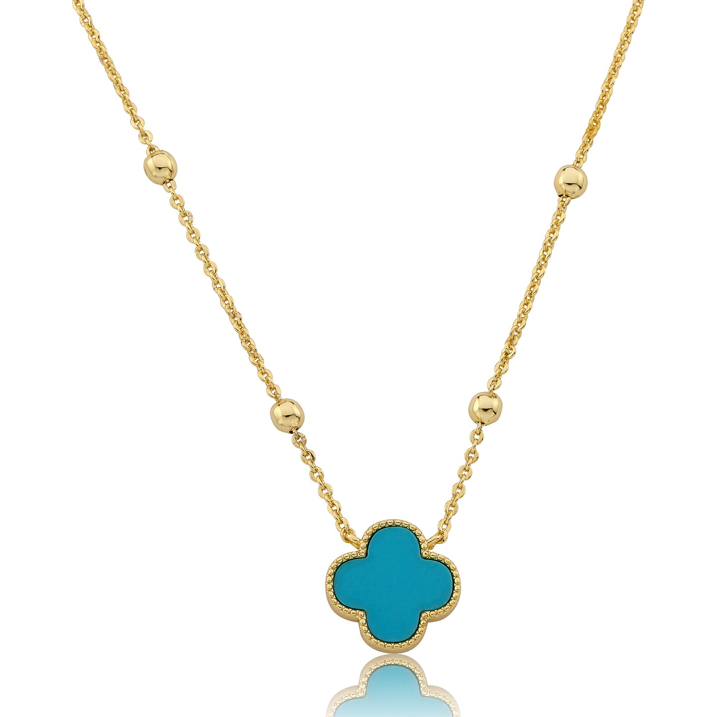 14K Gold Plated Clover Pendant On Bead Station Necklace