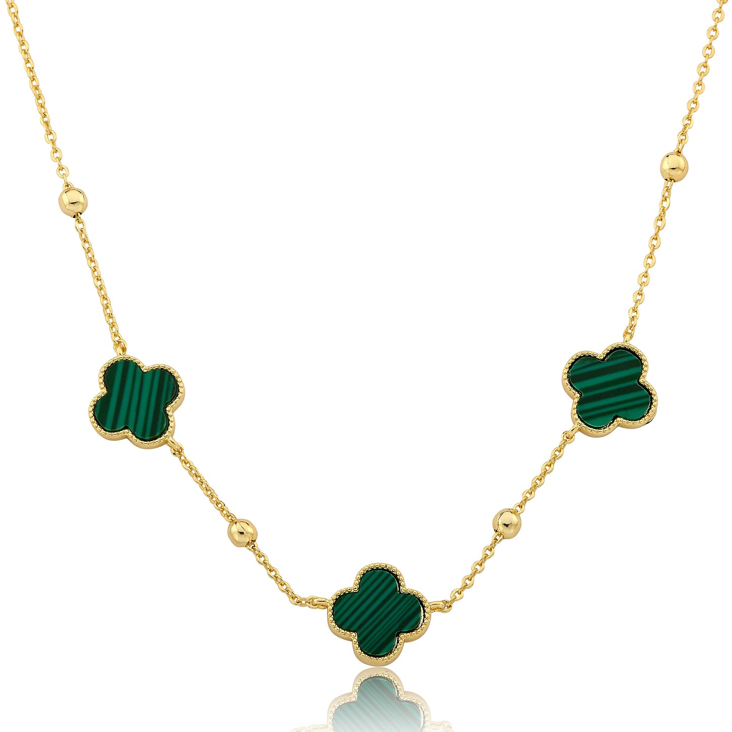 14K Gold Plated 3 Clover Pendant On Bead Station Necklace