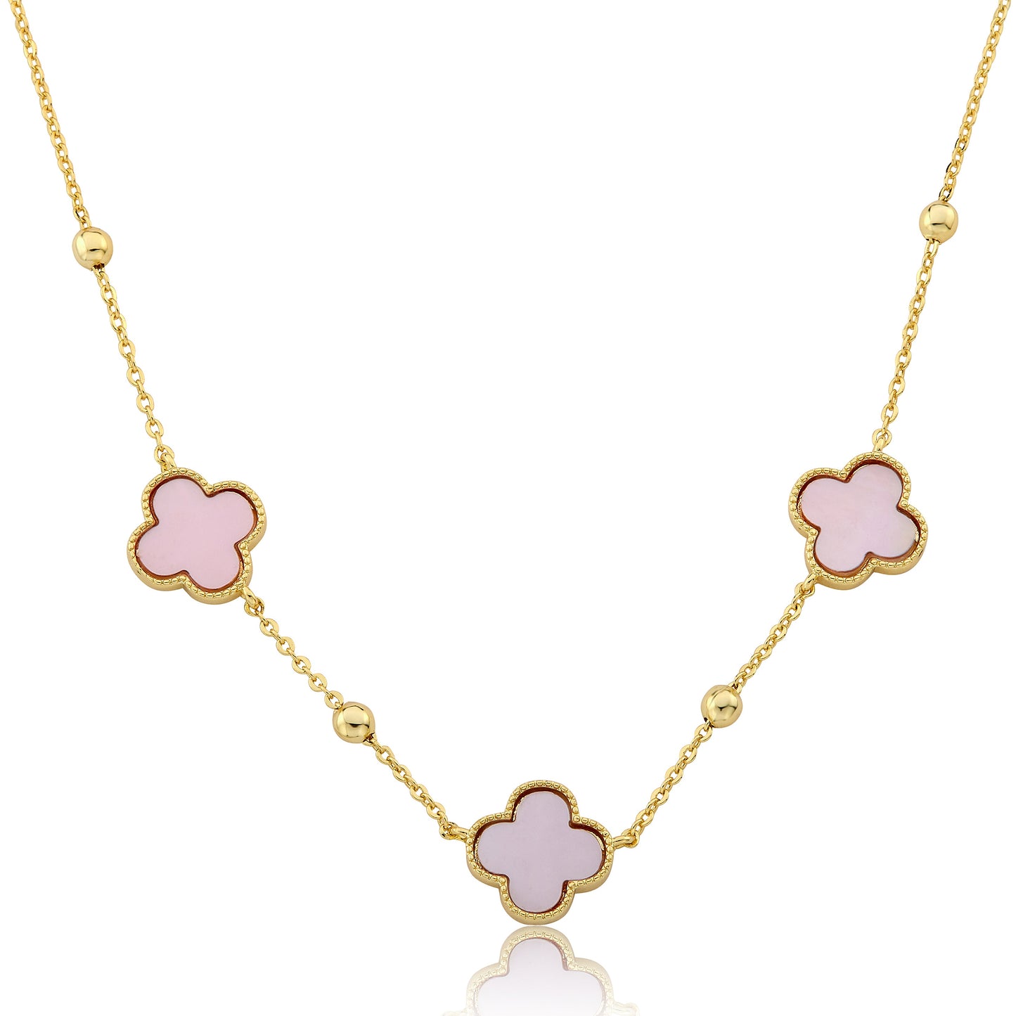 14K Gold Plated 3 Clover Pendant On Bead Station Necklace