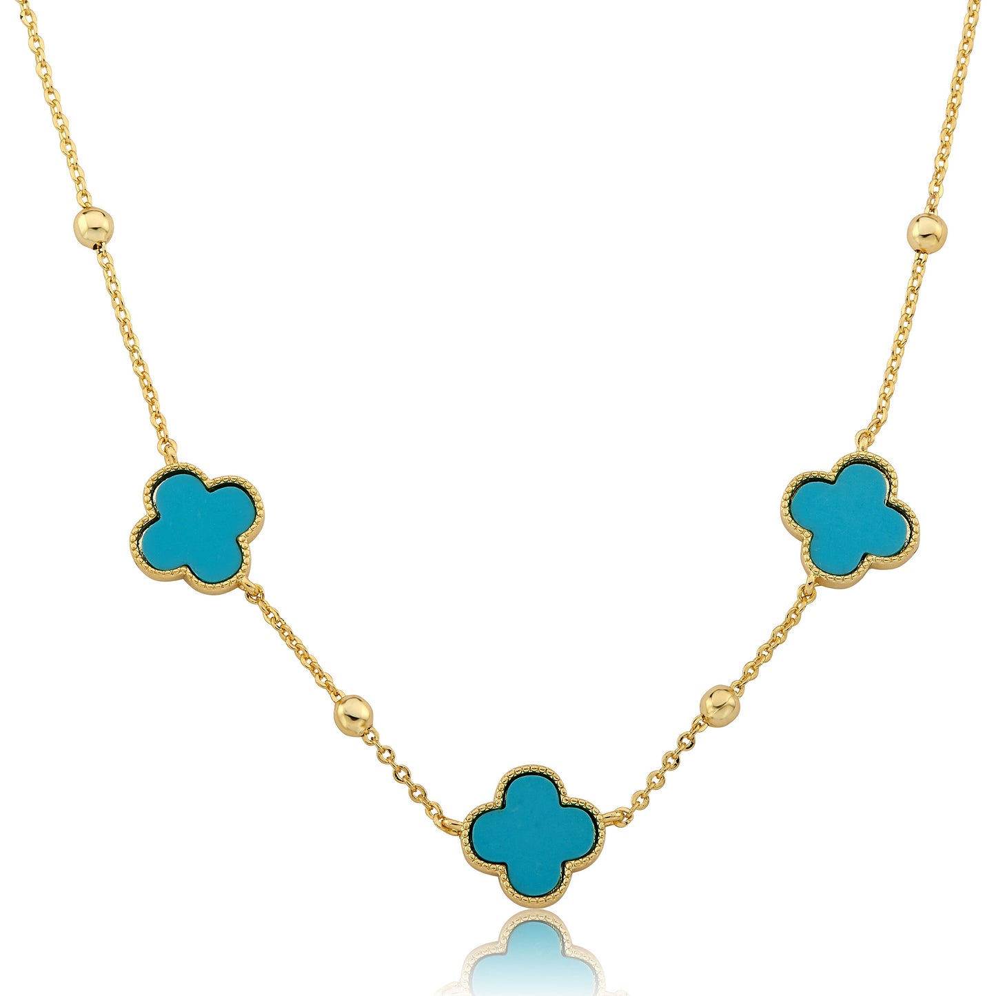 14K Gold Plated 3 Clover Pendant On Bead Station Necklace