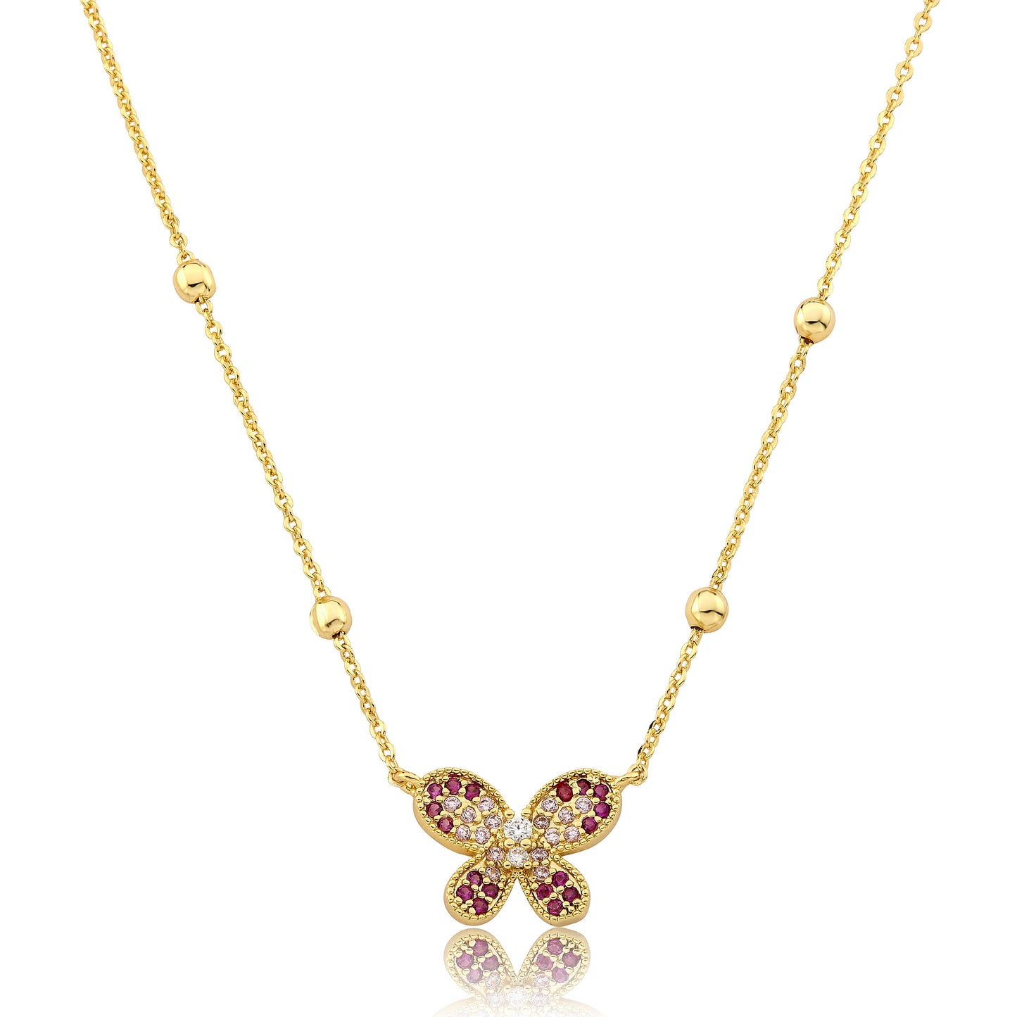 14K Gold Plated CZ Butterfly Pendant On Bead Station Necklace