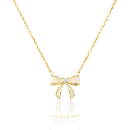 LMTS Classic! 14k Gold Plated Cz Center Enamel Bow Necklace