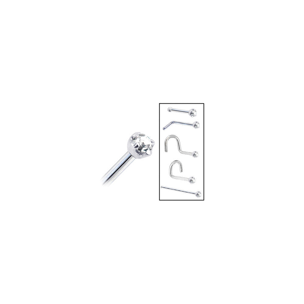 Solid 14K White Gold 2mm Clear Cubic Zirconia Nose Ring