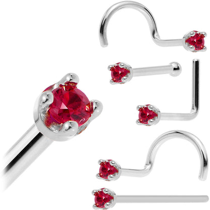 Solid 14K White Gold 1.5mm Diamond Cut Genuine Ruby Nose Ring