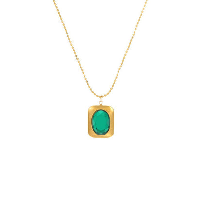 French Retro Emerald Stainless Steel Popular Geometric Fritillary Inlaid Necklaces