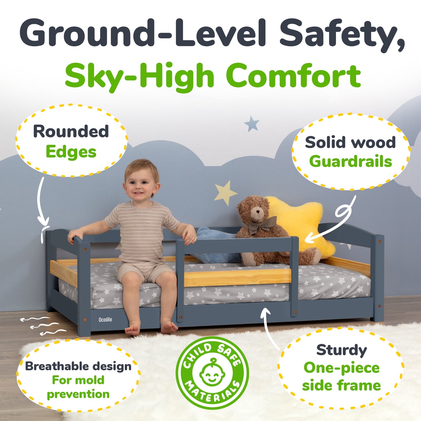 Crib Size Wooden Floor Bed with Safety Rails for Toddlers Age 1–3