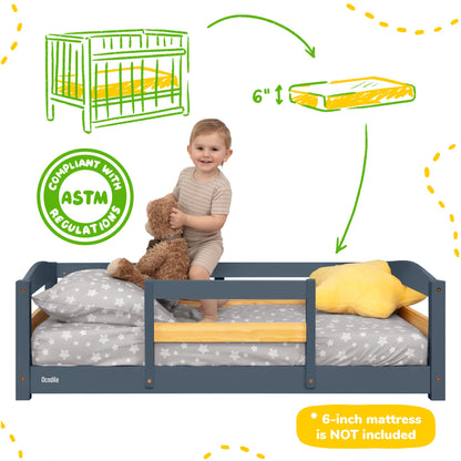 Crib Size Wooden Floor Bed with Safety Rails for Toddlers Age 1–3