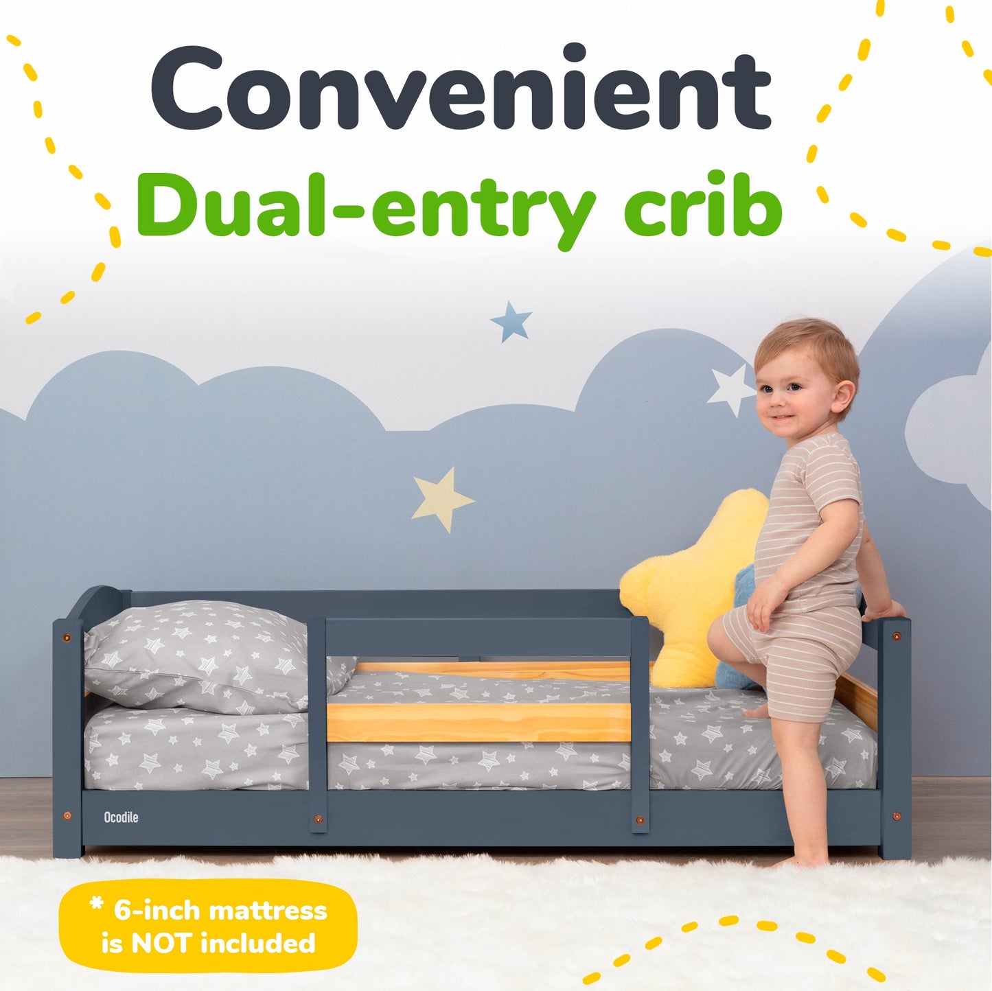 Crib Size Wooden Floor Bed with Safety Rails for Toddlers Age 1–3