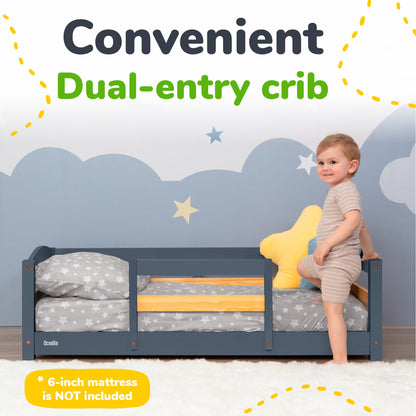 Crib Size Wooden Floor Bed with Safety Rails for Toddlers Age 1–3