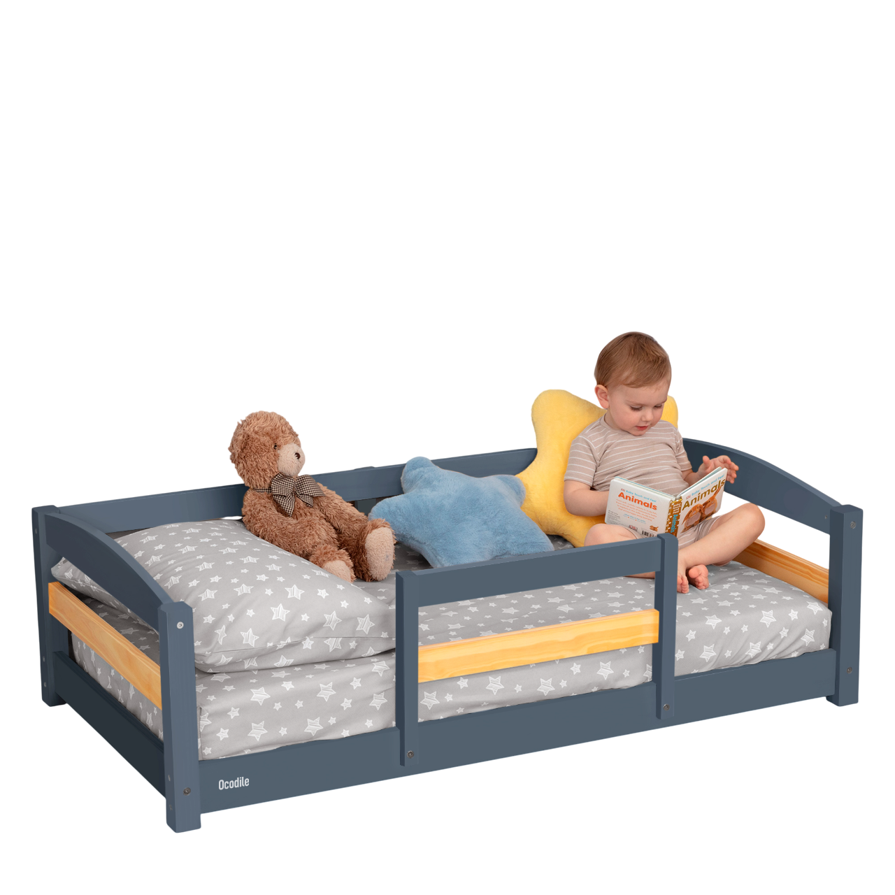 Crib Size Wooden Floor Bed with Safety Rails for Toddlers Age 1–3