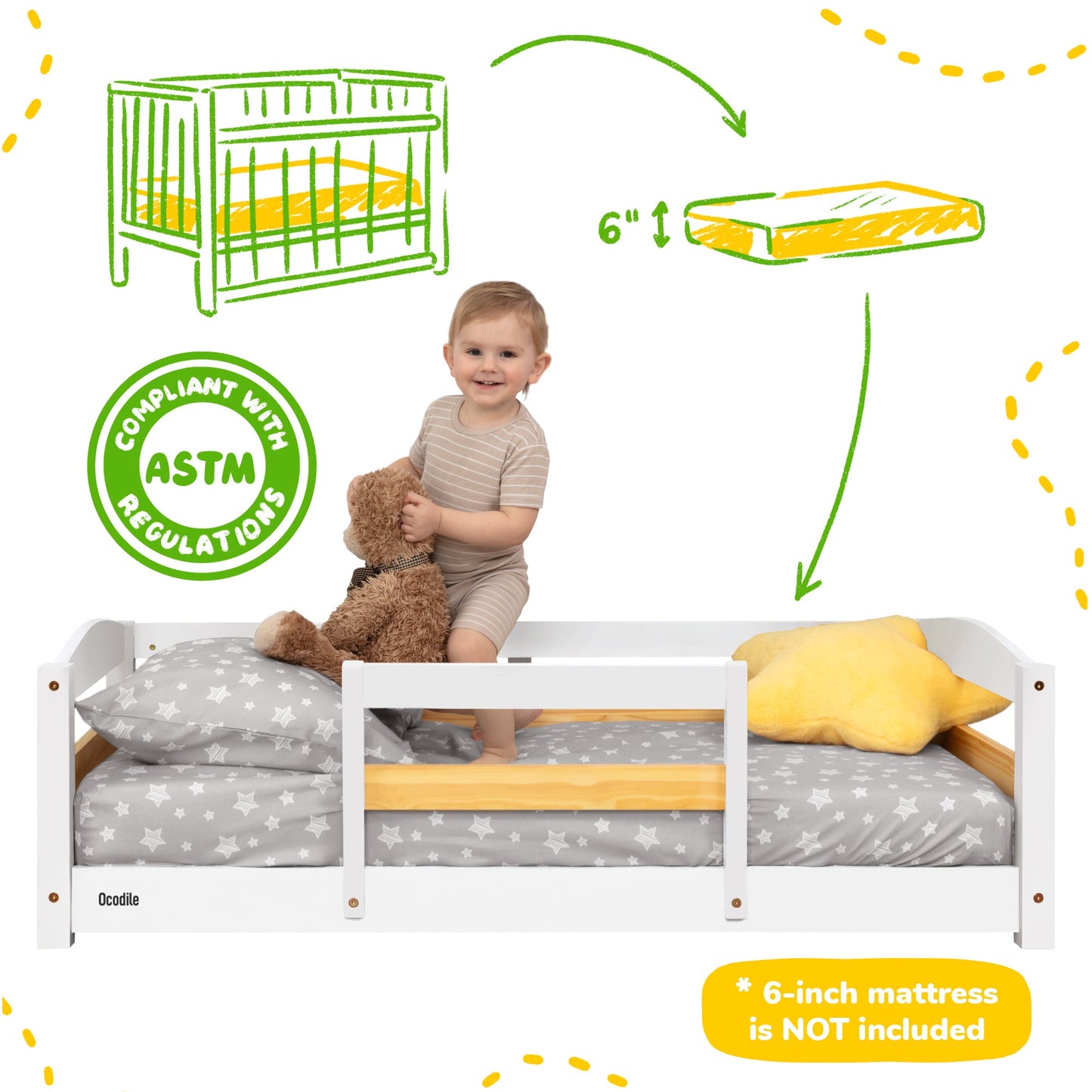 Crib Size Wooden Floor Bed with Safety Rails for Toddlers Age 1–3