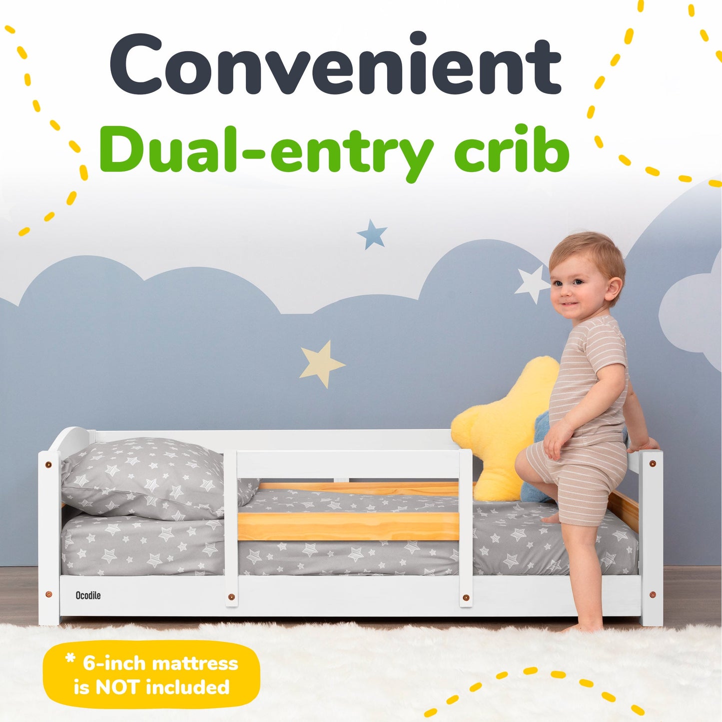 Crib Size Wooden Floor Bed with Safety Rails for Toddlers Age 1–3