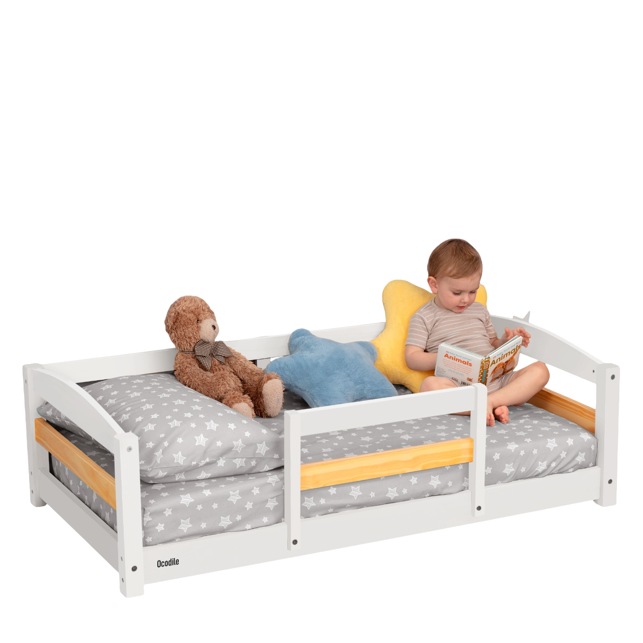 Crib Size Wooden Floor Bed with Safety Rails for Toddlers Age 1–3