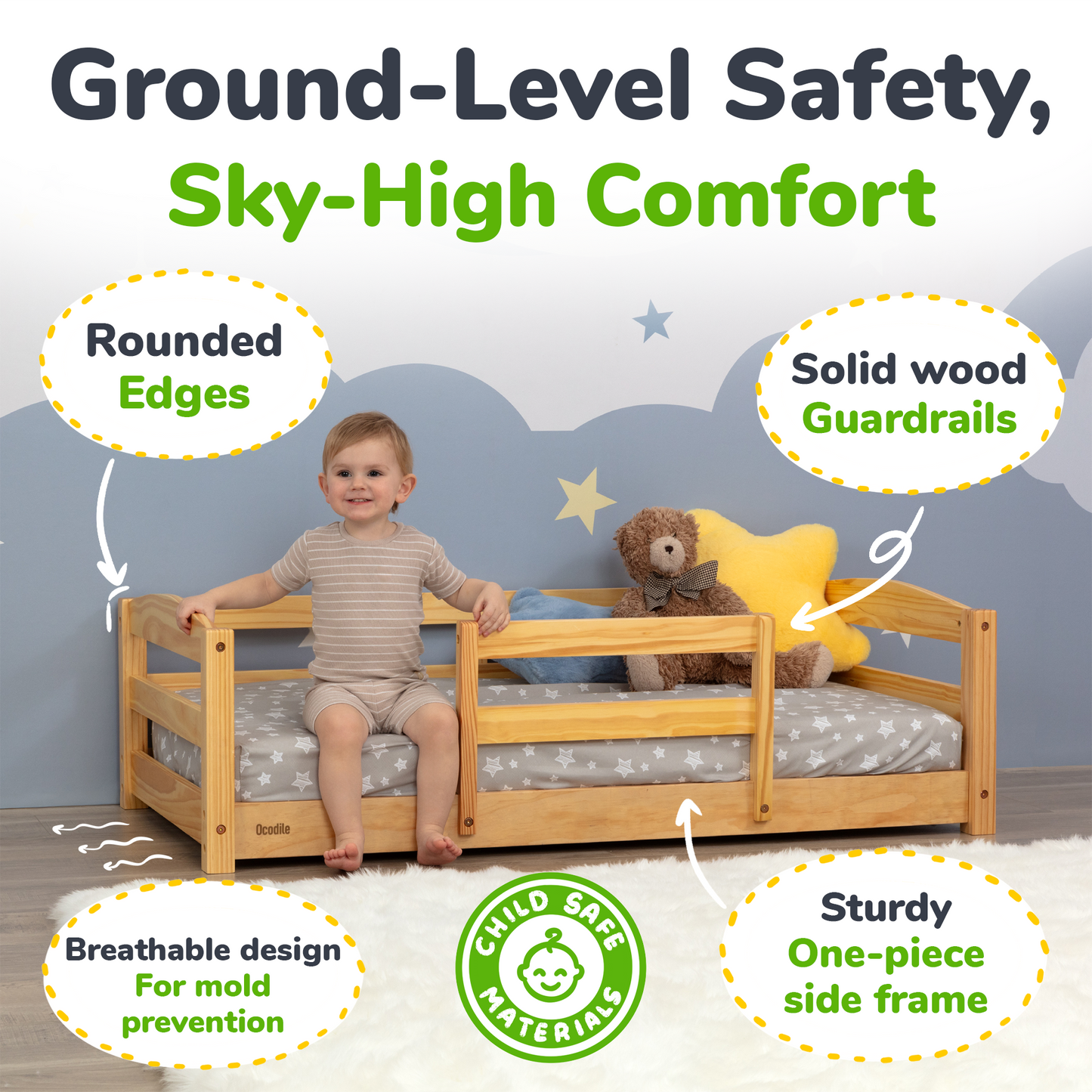 Crib Size Wooden Floor Bed with Safety Rails for Toddlers Age 1–3