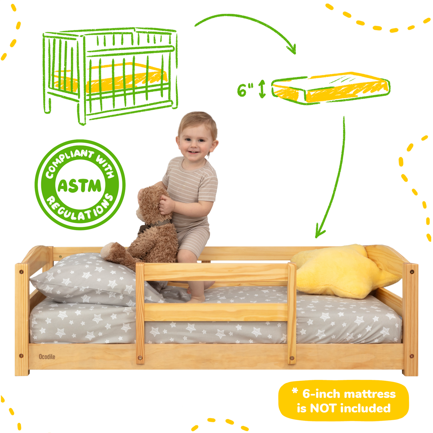 Crib Size Wooden Floor Bed with Safety Rails for Toddlers Age 1–3